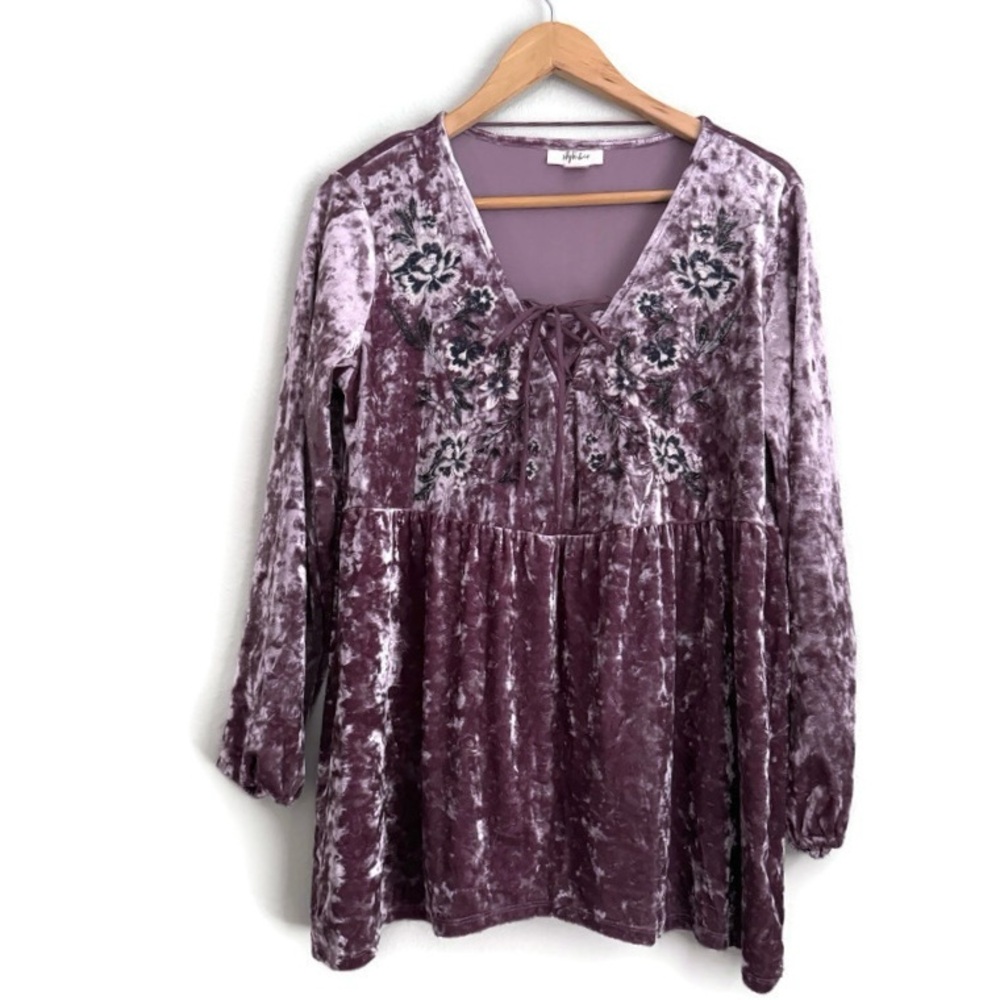 Style & Co Crushed Velvet Mauve Boho Floral Embroidered Top Women’s Size Small